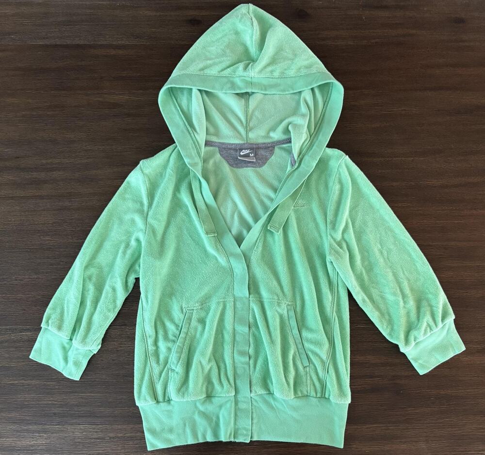 Nike Hoodie Womens Medium Green Terry Snap Front 3/4 Sleeve Sweatshirt Beach